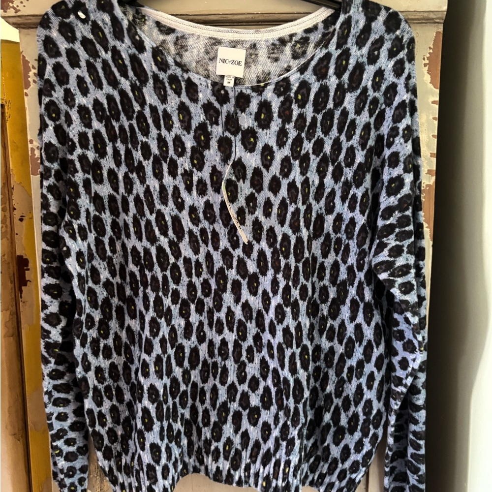 NIC+ZOE Blue and Black Leopard Print Sweater